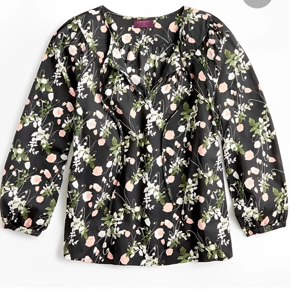 J. Crew Black Poppy Dream Liberty Floral Front Tie Peasant Blouse